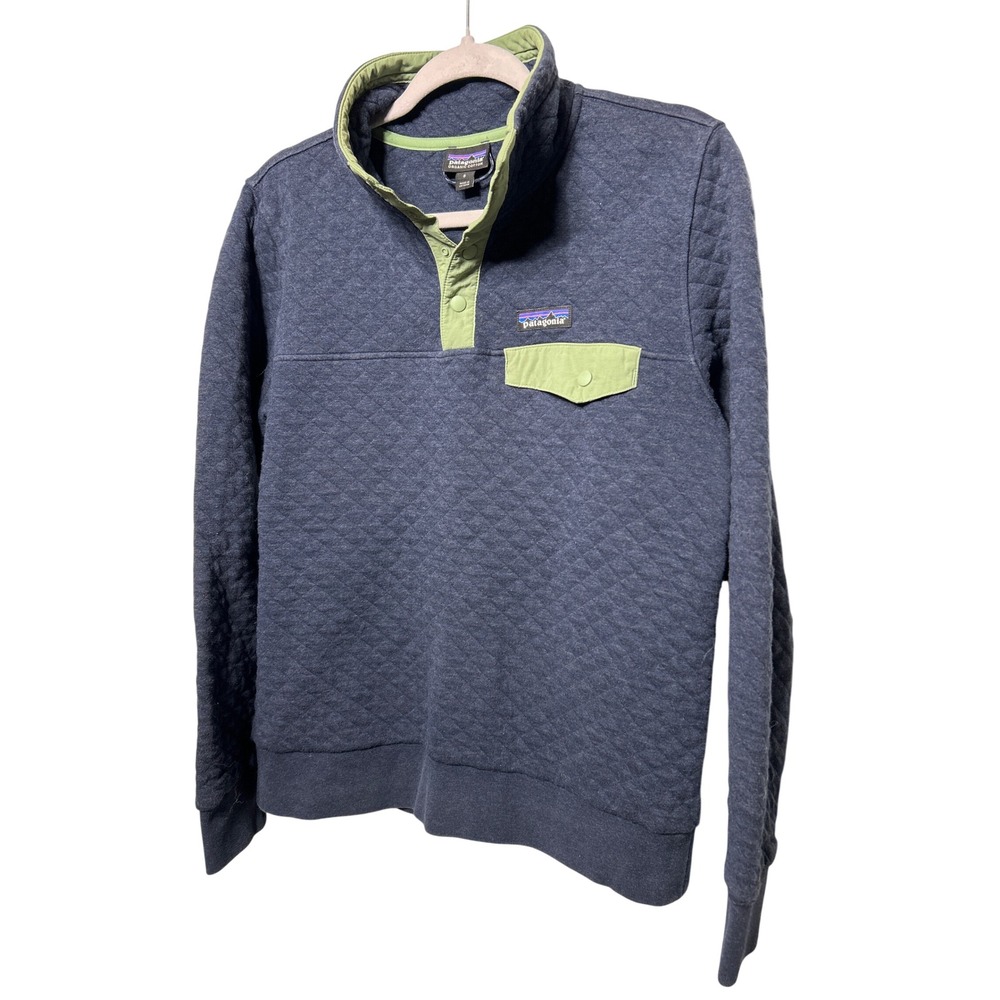 Patagonia Women Organic Cotton Quilt Snap-T Pullover Navy Blue Green Small